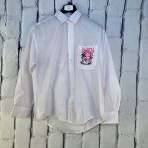 Vtg Mili Designs Button 2013 Woman Petites PS Striped Pink White/LS 2013 Daytona